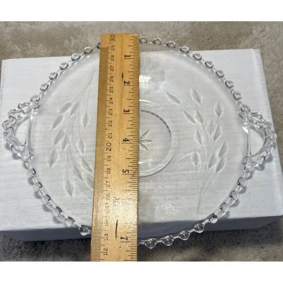 Hughes Cornflower Handled Plate Candlewick Border Etched Glass Serving Tray Vtg - Picture 7 of 7